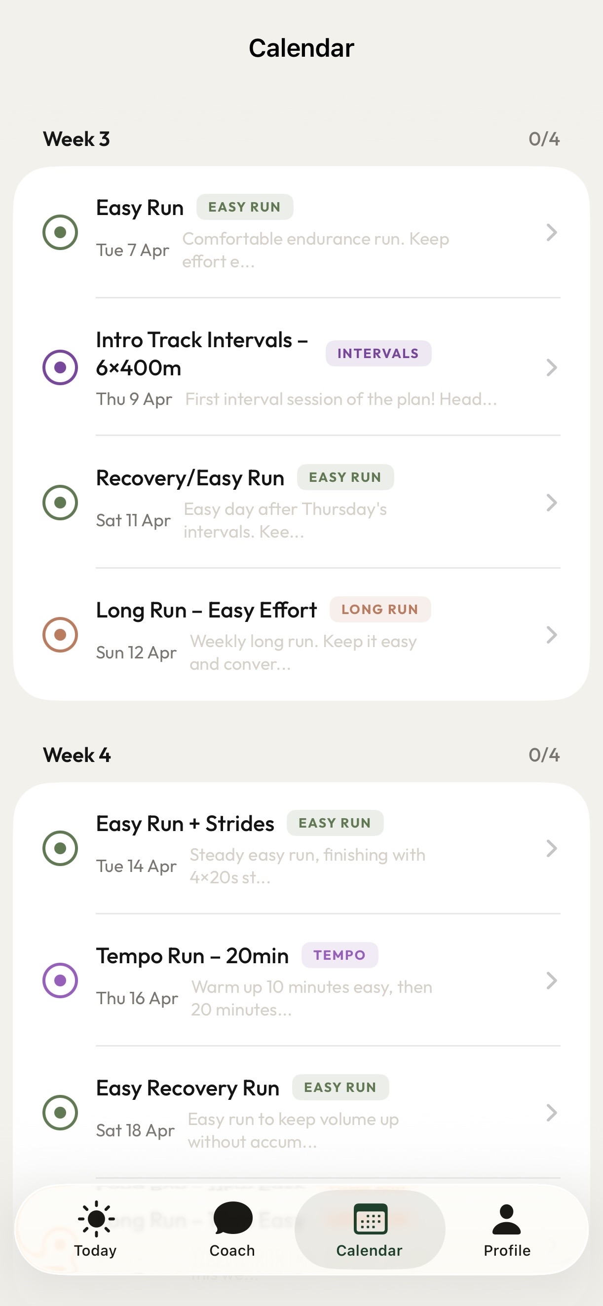 Calendar view with weekly training plan