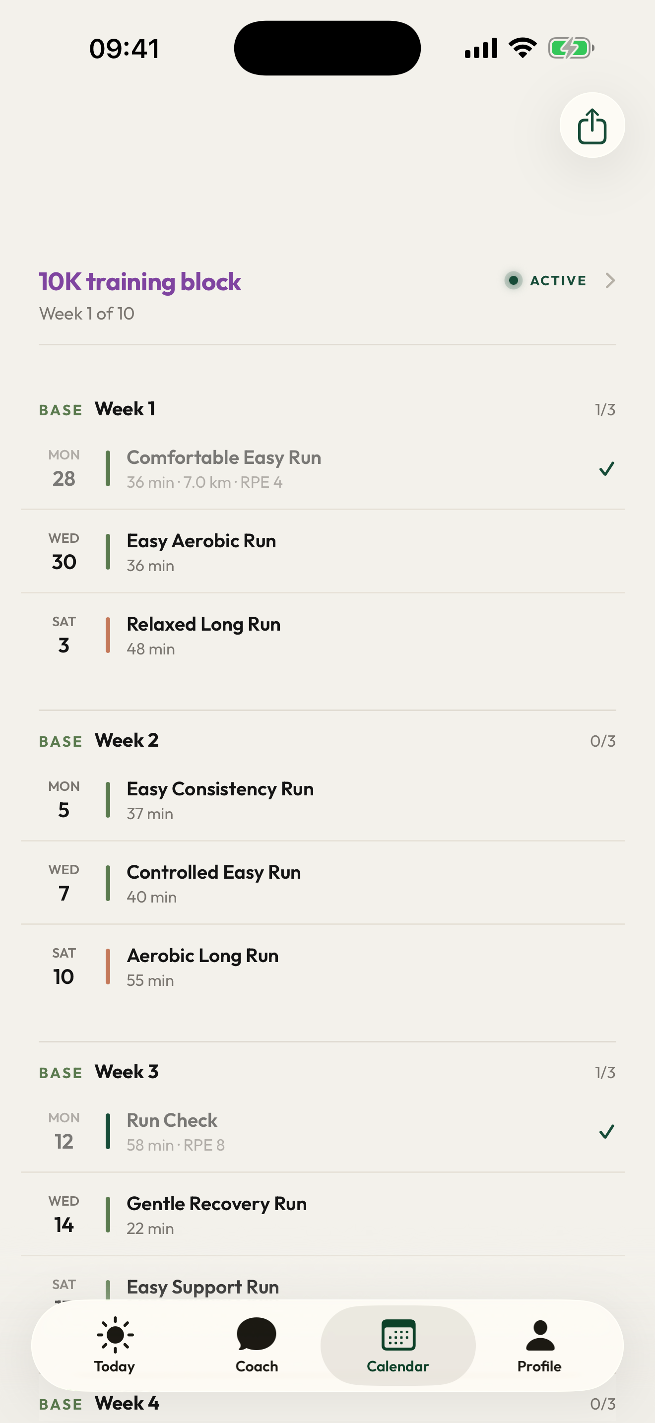 RunCadence calendar showing a 10K training block and the upcoming sessions
