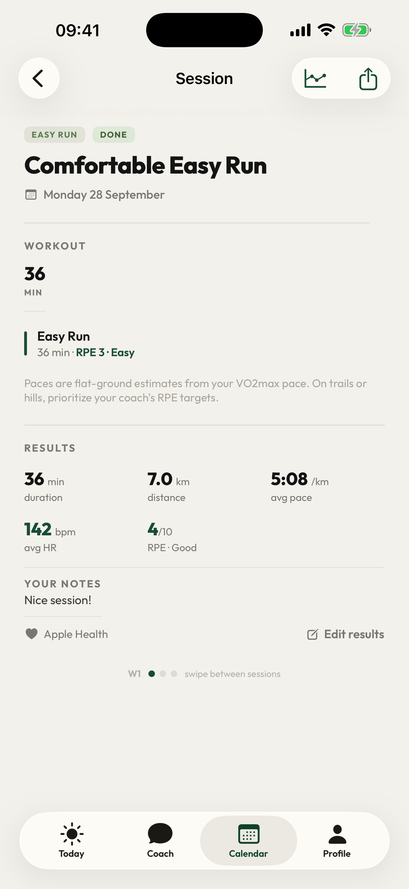 RunCadence iPhone session showing the planned 36-minute easy run, recorded results and effort feedback