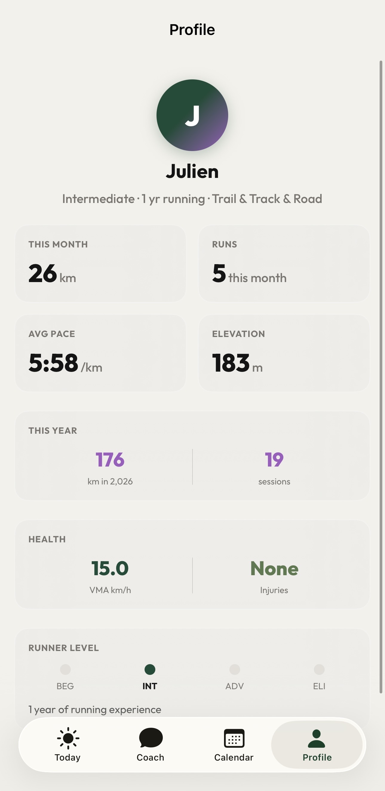 Runner profile with stats and health data