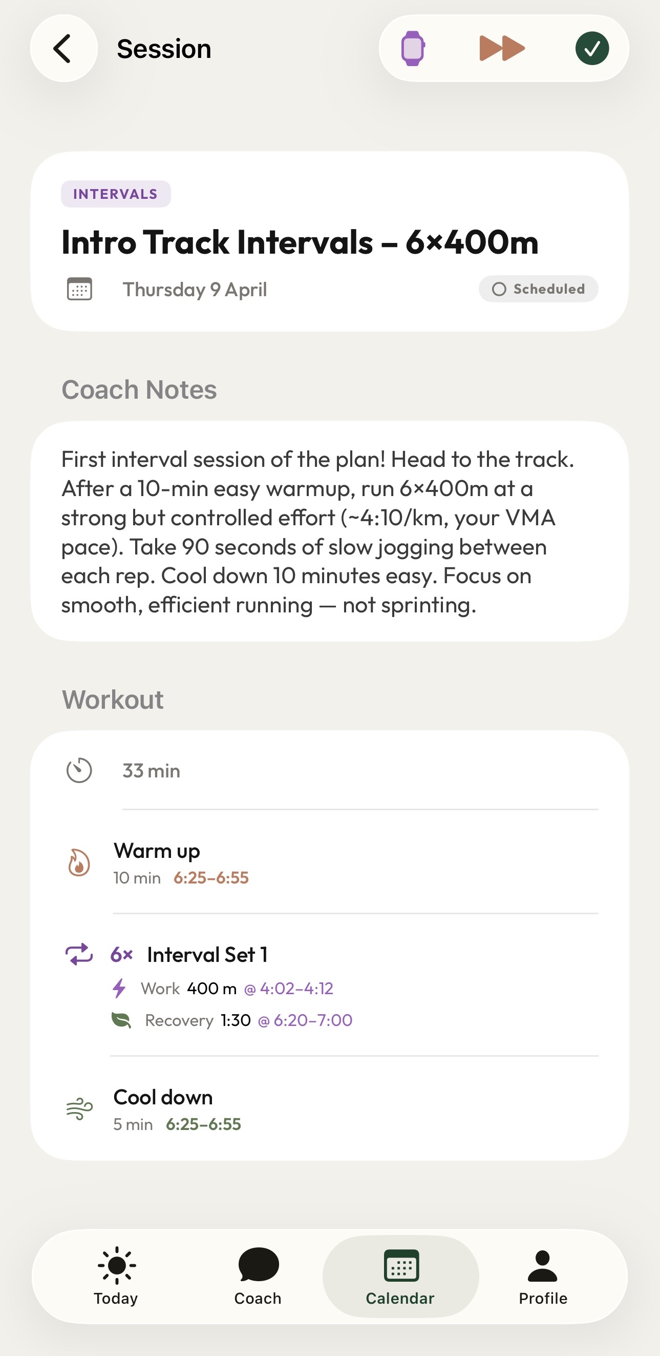 Session detail with coach notes and structured workout