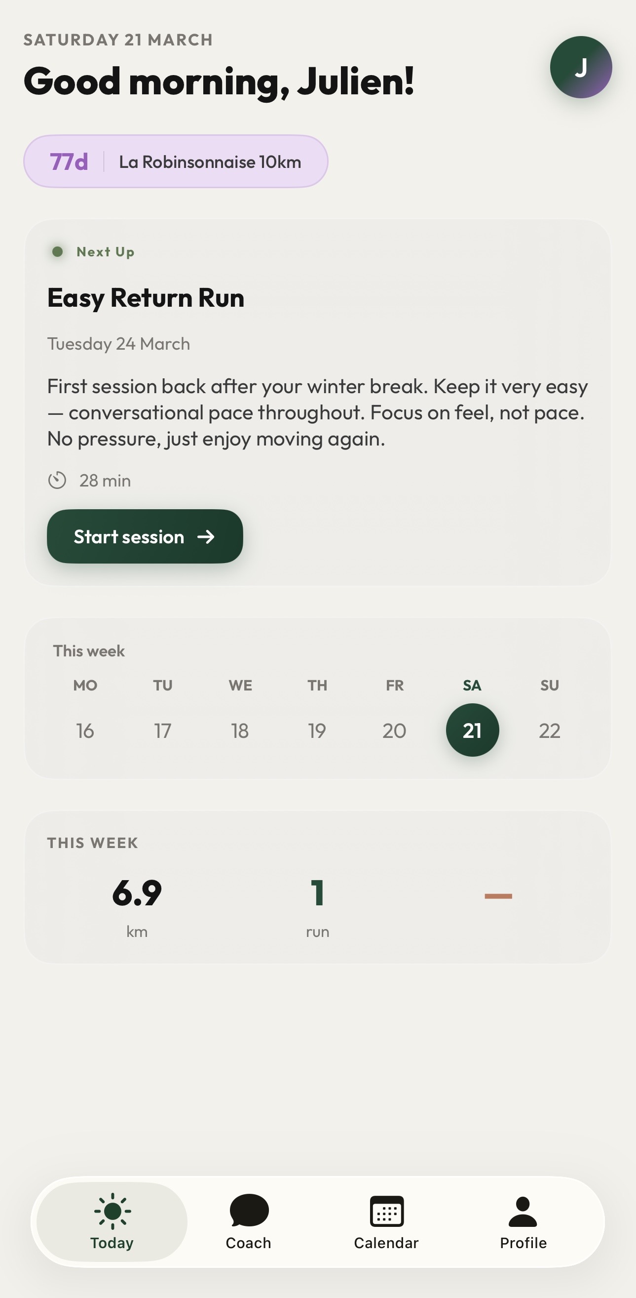Today — your daily dashboard with next session and weekly stats
