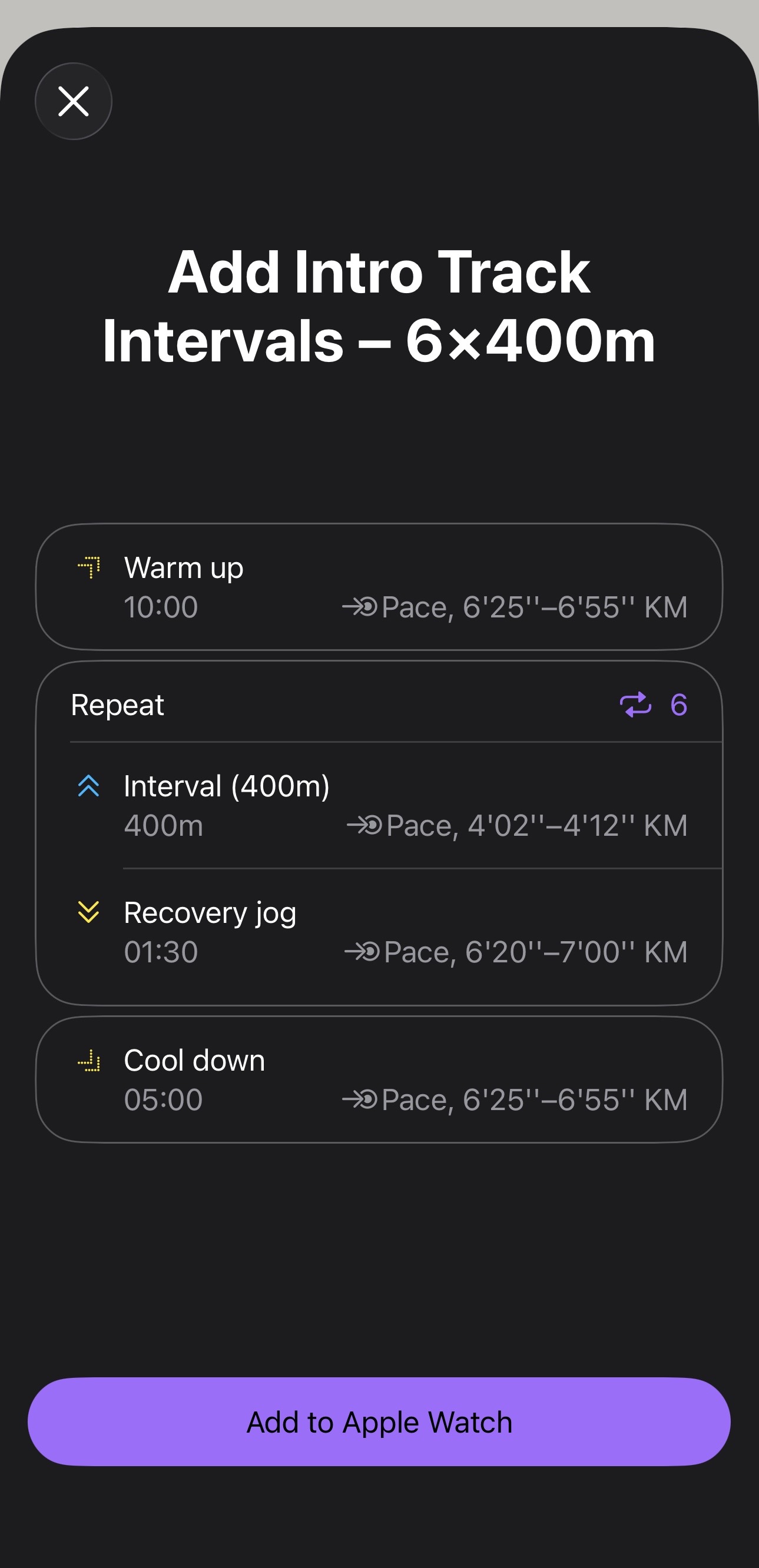 Structured workout pushed to Apple Watch